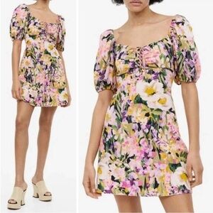 H&M Women’s Floral Cotton Pink Short Sleeve Spring Mini Dress Small